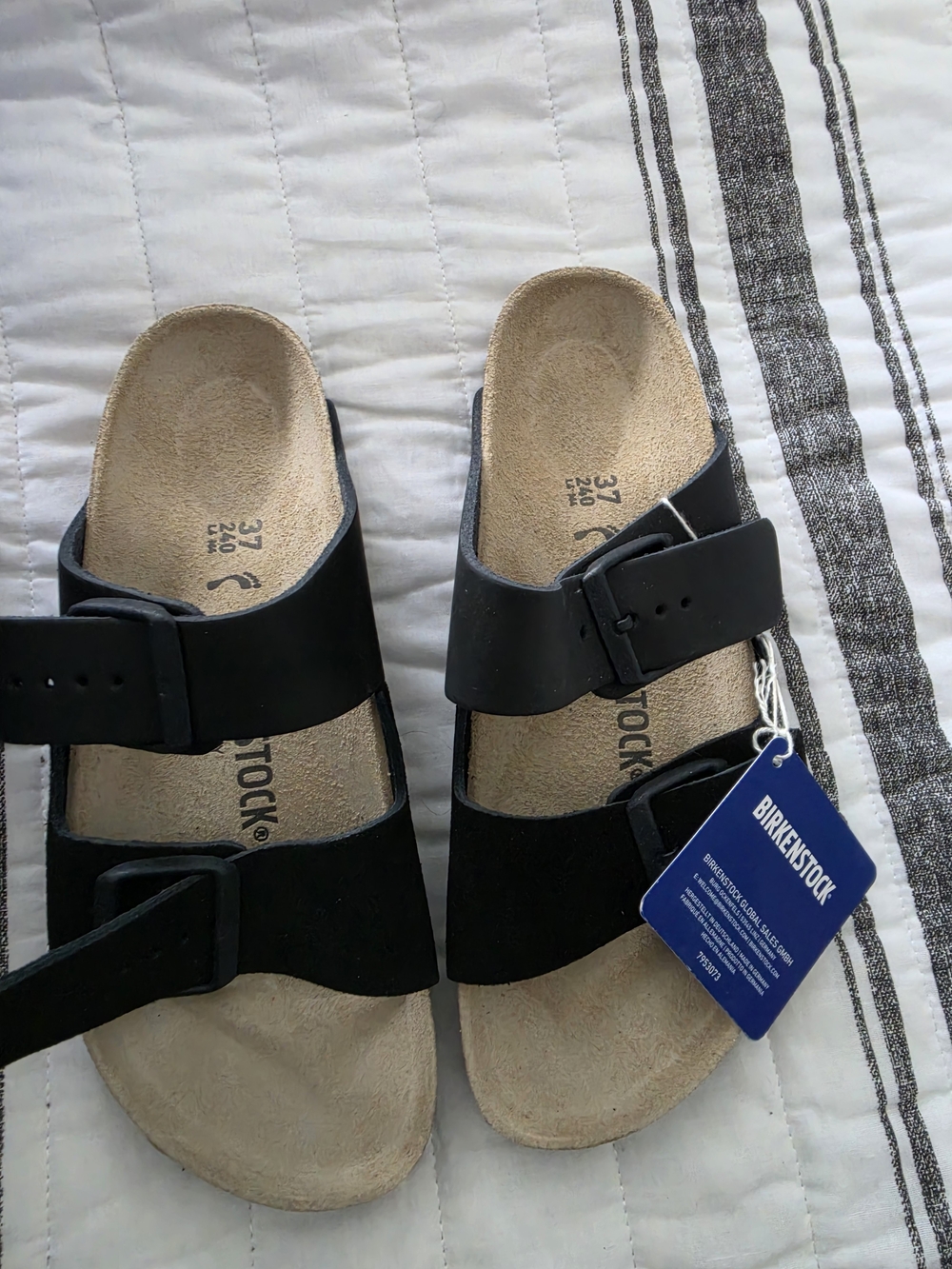 Birkenstock 37 Black Two-Strap Suede Footbed Sandals. NIB